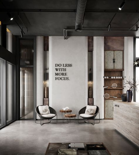 Industrial Space Design, Industrial Waiting Area, Industrial Office Reception, Industrial Office Lobby, Black And White Office Design, Modern Industrial Office Space, Industrial Lobby Design, Boardroom Design, Ceo Office Design