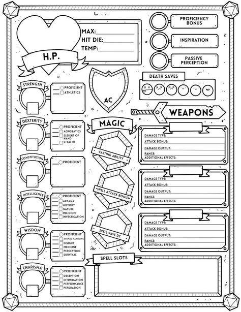 The Best DnD Character Sheets - Custom, Online, Printable + Fillable! Dungeons And Dragons Character Sheet, Character Worksheets, Dnd Character Sheet, Dragon Super, Character Sheet Template, Circus Characters, Dungeon And Dragons, Character Template, Dungeons And Dragons Characters