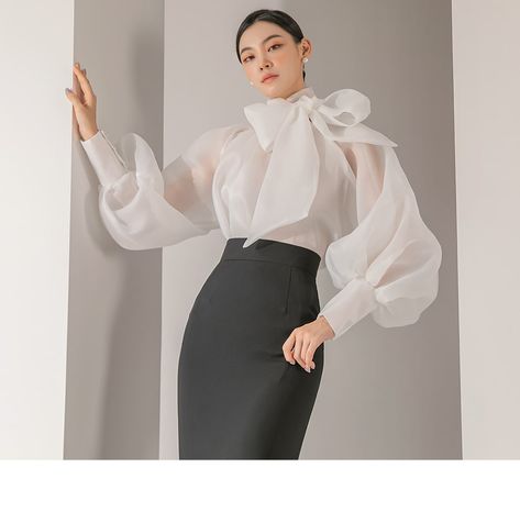 B9115 Organza See-through Scarf blouse | TOPS for Women | Korean Luxury Clothing Brand – DINT Korean Clothing Brands, Organza Tops, Scarf Blouse, Luxury Clothing Brands, Chic Shirts, Everyday Fashion Outfits, Bubble Sleeve, Designs For Dresses, Outfit Combinations