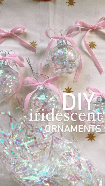 Andrea Clawson on Instagram: "DIY iridescent ornaments ✨ Easiest + affordable way to turn these @dollartree plastic ornaments into the prettiest iridescent ornaments for your tree. I found the iridescent crinkle paper for 1$ in the target dollar spot area and added it to the small ornaments found at dollartree (2pack for 1.25$) And I’m loving all the velvet accents this Christmas so a velvet ribbon is a must 😍 save + share with friends 🥰 Follow @stayathomecircus for more easy + festive ideas for busy moms Ideas: • Make these for yourself or give them as gifts • add a photo inside to make a keepsake ornament #targetdollarspot #targetbullseyesplayground #craftymom #craftymama #targetdollarspot #dollartree #dollartreefinds #dollartreediy #dollartreeobsessed #dollartreecommunity # Diy Ball Ornament Wreath, Sparkle Craft Ideas, Fill Ornaments Diy, Iridescent Christmas Tree Ideas, Soft Ornaments, Diy Kids Ornaments Easy, Diy Anthropologie Christmas Ornaments, Diy Christmas Decorations Gifts, Fill Ornament Ideas