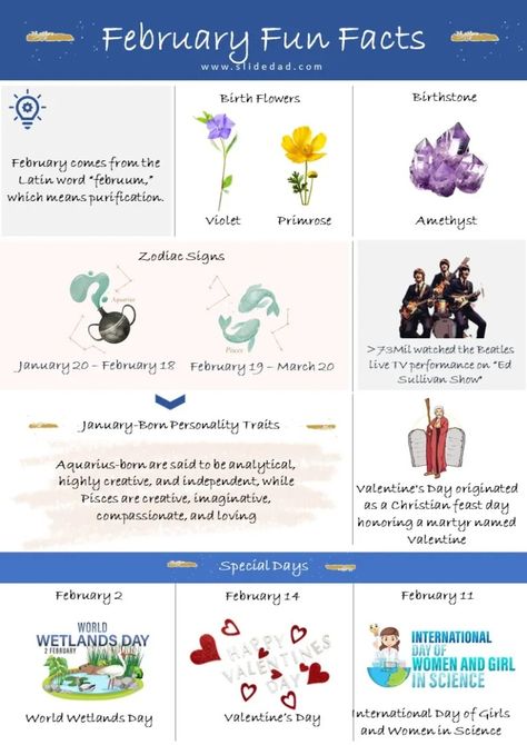 February infographic: Zodiac signs, birthstone, flower, name origins, special days, holidays, Valentine's Day, The Beatles Plot Activities, February Born, Custom Photo Calendar, Daily Planner Hourly, February Calendar, Monthly Printable, Ed Sullivan Show, Free Calendar Template, Name Origins