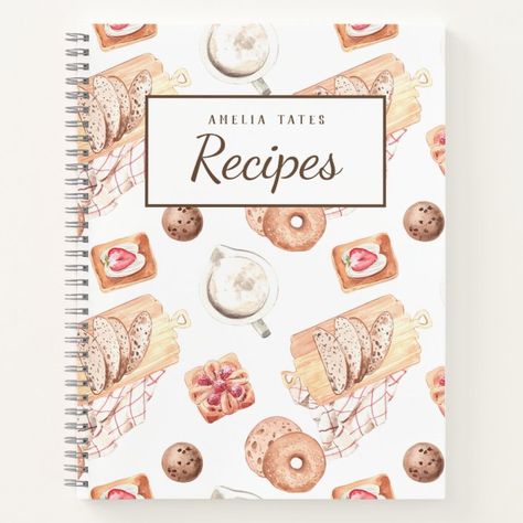 photo of a recipe journal cover featuring illustrations of baked goods such as biscotti, tarts, turnovers, chocolate chip cookies and more. Recipe Journal Cover, Bakery Journal, Tarts Chocolate, Own Recipe Book, Baked Pastries, Family Favorite Recipes, Recipe Book Design, Cover Design Inspiration, Cooking Book