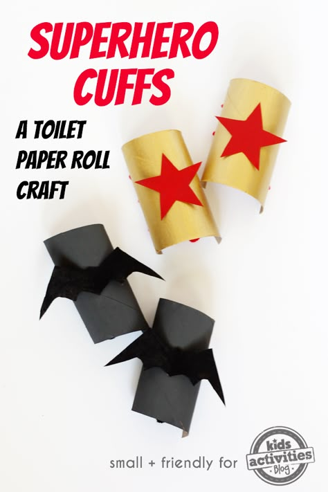 "Part craft, part toy, all fun! These superhero cuffs are the ultimate in toilet paper roll crafts!" ADORABLE!!! So fun!!! Superhero Cuffs, Hero Crafts, Superhero Crafts, Roll Craft, Super Hero Party, Toilet Paper Roll Crafts, Paper Roll Crafts, Simple Craft, Crafty Kids