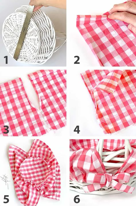 DIY Easter Basket Liner Ideas (with Pattern) - Bloom Easter Basket Liners Diy, Round Basket Liner Pattern, Rush Baskets Diy, Picnic Basket Liner Diy, Diy Easter Basket Liner, Easter Basket Sewing Pattern Free, Easter Basket Liner Pattern, Basket Liners Diy How To Make, Basket Liner Pattern