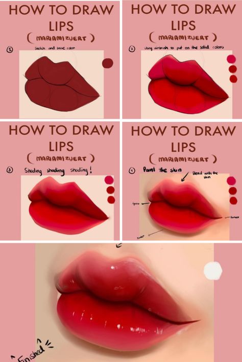 Lip Doodles, Draw Anime Lips, Draw Lips Step By Step, Lips Step By Step, Lip Tutorial Drawing, How To Draw Lips, Digital Art Tutorial Beginner, Draw Lips, Anime Lips