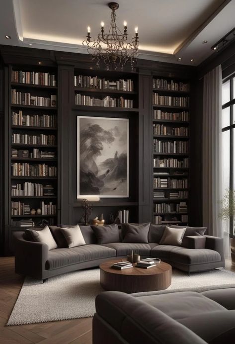 21 Elegant Built-In Shelves Ideas for the Living Room 13 Library Style Living Room, Library Living Room Aesthetic, Cute Bookshelf Aesthetic, Book Storage Living Room, Moody Reading Nook, Book Shelves Aesthetic, Cozy Library Room Ideas, Bookcase Aesthetic, Moody Basement