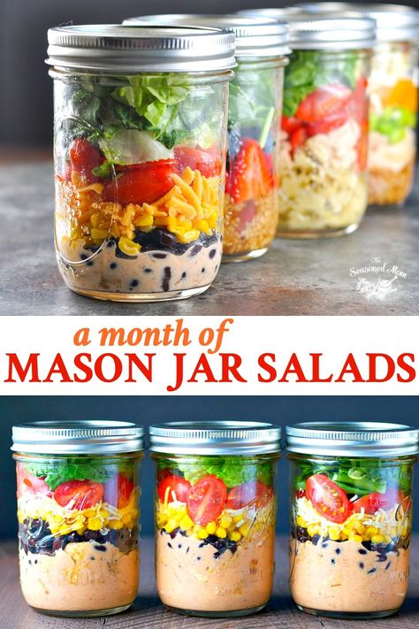 Sharing an entire month of Mason Jar Salad recipes! The Salad in a Jar concept is an easy way to prepare a portable lunch or healthy dinner in advance. Simple and flavorful meal prep! Chopped Salad Mason Jar, Fruit Salad In A Jar Recipes, Salad In A Jar Party, Salad In A Mason Jar Healthy, Easy Mason Jar Meal Prep, Food In Jars Recipes, Meal Prep Mason Jars Recipes, Food In A Jar, Salad In A Jar Recipes