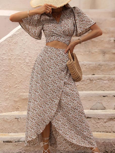 Free Returns ✓ Free Shipping On Orders $49+ ✓. Ditsy Floral Butterfly Sleeve Crop Top & Wrap Skirt- Women Two-piece Outfits at SHEIN. Crop Wrap Top, Butterfly Sleeve, Floral Butterfly, Butterfly Sleeves, Ditsy Floral, Wrap Top, Two Piece Outfit, Wrap Skirt, Maxi Skirt