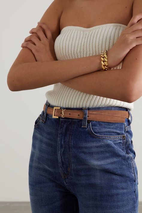 6 Summer Accessories That We're Donating This Season | Who What Wear Saint Laurent Belt Outfit, Ysl Belt Outfit, Jeans With Belt Outfit, Brown Belt Outfit Women, Brown Belt Outfit, Ysl Outfit, Saint Laurent Belt, Suede Accessories, Mommy Fashion