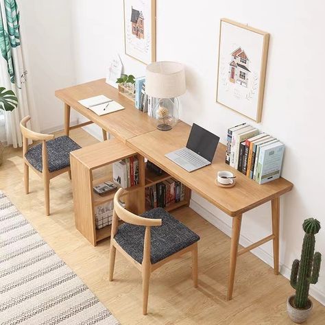 Home Office Shared Desk, Side By Side Desks Home Office, Two Person Small Office, Small Dual Office, Small Home Office Ideas 2 Desks, L Shaped Desk 2 Person, Two Desks In Living Room, Two Person Desk Small Space, Double Desk Small Space