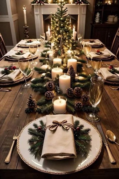 Christmas Harvest Table, Brown Christmas Table Settings, Fancy Dinner Decorations Ideas, 2024 Thanksgiving Table Decor, Thanksgiving Aesthetic Table, Thanksgiving Table Layout, Thanksgiving Table Set Up, Christmas Feast Table, Christmas Banquet Table Decorations