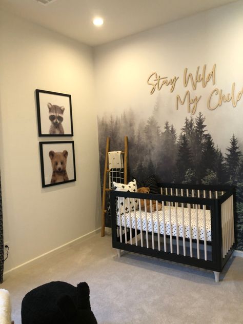 Forest Neutral Nursery, Black And Wood Crib, Nursery Woods Theme, Black And Oak Nursery, Black Themed Nursery, Gold And Black Nursery, Black Bear Nursery Theme, Wood Themed Nursery, Black And Brown Nursery