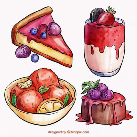 Sweet desserts collection in watercolor ... | Free Vector #Freepik #freevector Drawing Of Sweets, Sweet Drawing Ideas, Sweet Art Drawing, Sweet Food Drawing, Desserts To Draw, Dessert Art Drawing, Cute Food Art Drawing, Cute Dessert Drawings, Watercolor Art Food