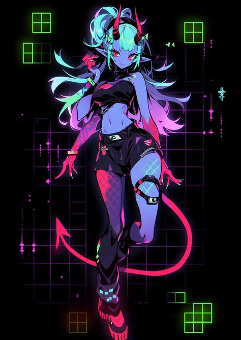 Brightness Aesthetic, Neon Character Design, Neon Oc, Neon Character, Cyberpunk Outfit, Vtuber Ideas, Neon Cyberpunk, Neon Girl, Cyberpunk Female