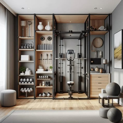 Transform tight spaces into a workout haven with our compact custom home gym designs. Perfect for apartments and small homes. #SmallSpaceGym #HomeFitness #CustomGym #CompactWorkout #GymDesign Fitness Studio Storage, Compact Gym Small Spaces, Home Gym Hidden Storage, Home Gym Closet Storage, Home Gym Shelving, Hidden Home Gym, Gym Shelves, Gym Layout Plan, House Gym Room