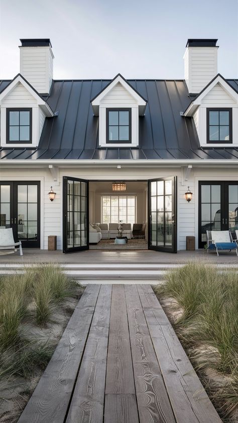 Architectural Trends: 18 Coastal Beach House Exterior Designs — Coastal Cottage by Celeste Coastal Exterior Design, White Modern Coastal House Exterior, Blue Shingle House, Coastal Home Landscaping, Coastal Cottage Design, Southern Coastal Homes Exterior, Coastal Modern House, Modern Coastal Home Exterior, Coastal Beach House Exterior