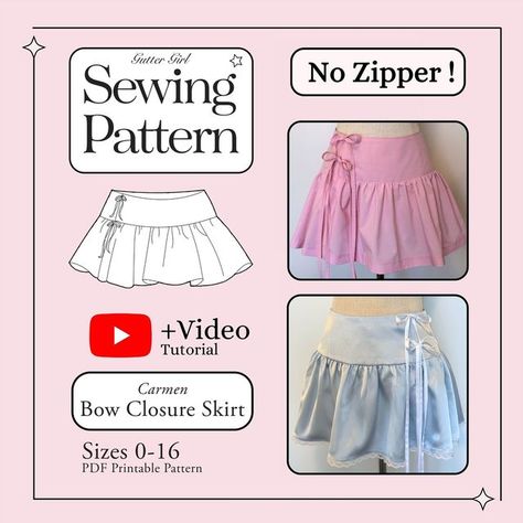 No Zipper Skirt Pattern, Cute Skirt Sewing Pattern, Small Cute Sewing Patterns, Free Sewing Patterns Vintage, Sewing Projects With Cotton Fabric, Sewing Pattern Mini Skirt, Miniskirt Pattern Sewing, Self Made Clothes Diy, Coquette Top Sewing Pattern