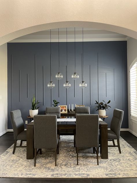 Accent Small Wall Ideas, Accent Wall For Office Room, Dining Rooms With Accent Walls, Dark Grey Accent Wall Dining Room, Half Dowel Wall, Business Accent Wall Ideas, Dowel Accent Wall, Feature Wall In Dining Room, Dining Area Wall Panelling