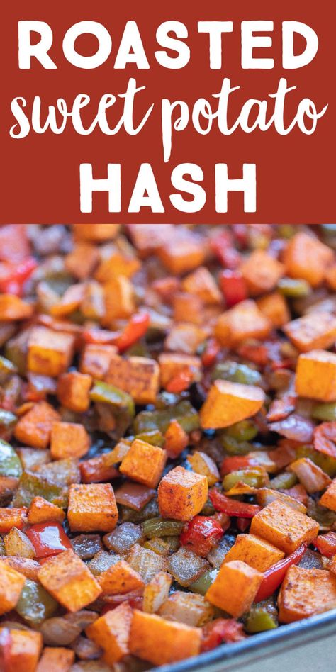 This Roasted Sweet Potato Hash is easy to make and will be a great addition to your breakfast menu! It's flavorful, hearty and filling and goes perfectly with toast, bacon, pancakes, oatmeal, eggs and more! #sweetpotatohash #breakfastrecipe #vegan #sidedish Sweet Potato Hash Recipe, Eggs And Avocado, Sweet Potato Hash Browns, Potato Hash Recipe, Cubed Sweet Potatoes, Hash Recipe, Roasted Sweet Potato, Potato Hash, Sweet Potato Breakfast