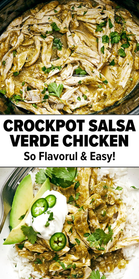 Crockpot salsa verde chicken Slow Cooker Chicken Salsa Verde, Slow Cooker Chicken Chili Verde, Salsa Verde Shredded Chicken, Half Baked Harvest Crockpot Dinners, Healthy Crockpot Pulled Chicken, Low Calorie Dinner Crockpot, How To Use Salsa Verde, Crockpot Chicken Verde Recipes, Slow Cooker Chicken Shredded