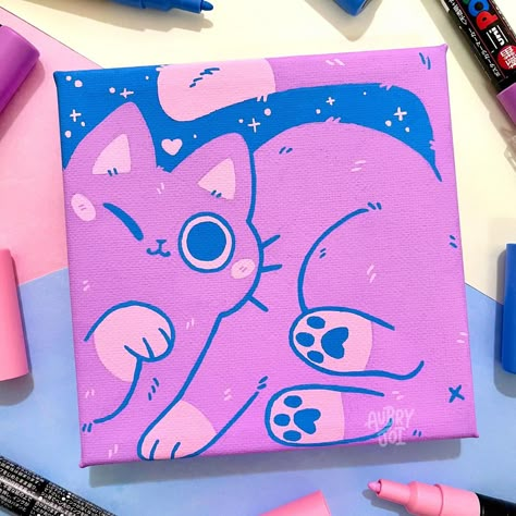 A perfect fit 🐱🟪 I’ve been sitting on this painting for a while! My club members picked the color palette for me, and it was really fun to… | Instagram Making Cute Things, Sarah Wright, Mini Tela, Mini Toile, Cartoon Cats, Posca Art, Character Artist, Cute Canvas Paintings, Easy Canvas Art