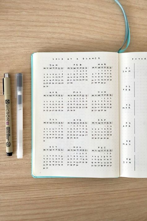 Calendar Design Journal, 2024 Year At A Glance, 2024 Dot Journal, Minimal Journal Aesthetic, Minimal Journal Ideas, Year Bujo Spread, Year At A Glance Bullet Journal, Bujo Year At A Glance, Bullet Journal Ideas Minimalist