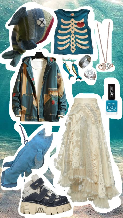 fish ^__^ Shark Themed Outfit Aesthetic, Jellyfish Core Outfits, Water Aesthetic Outfit, Fish Themed Outfit, Fishcore Outfit, Shark Inspired Outfit, Different Clothing Aesthetics List, Juminocore Clothes, Sharkcore Outfits