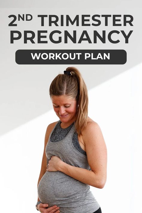 Maintain strength and prepare for labor with this safe and effective pregnancy workout plan for the 2nd trimester of pregnancy. The workouts range from prenatal strength training and LIIT or low impact interval training, to prenatal cardio and prenatal barre workouts. Follow along with a guided video for each day of the free pregnancy workout program. 20 Weeks Pregnant Workout, 2nd Trimester Workouts Gym, Prenatal Gym Workout, Pregnancy Love Handle Workout, 2nd Trimester Pregnancy Workout, Second Trimester Workouts At Home, Prenatal Workout Second Trimester, Pregnancy Stretches Second Trimester, Pregnancy Workouts 2nd Trimester