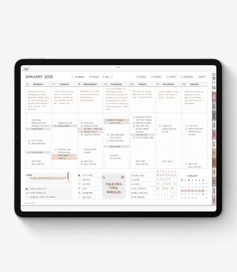 Plan every detail of your day-to-day life. The 2025 digital planner is an all-in-one planner that includes monthly, weekly, and daily pages. In each month you can also plan that month's goals, track your habits, record your finances, and do a final review to see how it went. And in each week you'll find a weekly menu page and a weekly review page. And if that wasn't enough, this digital planner also includes a section with a bunch more extra templates that you can copy and paste as many times as Monthly Spread Ideas, Planner Template Aesthetic, Planner Monthly Layout, Exam Planner, Digital Monthly Planner, Agenda Digital, Digital Planner For Ipad, Free Planner Templates, Free Digital Planner