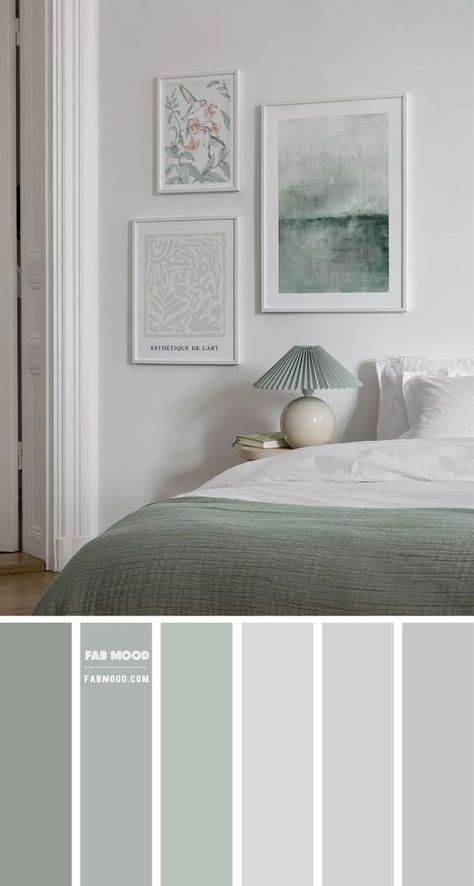 Discover the Versatility of Sage Green: a Soothing and Relaxing Neutral for Any Interior Design Scheme Grey Bedroom Colors, Light Green Bedrooms, Green And White Bedroom, Light Gray Bedroom, Best Bedroom Colors, Wall Color Combination, Wedding Color Palettes, Bedroom Color Combination, Sage Green Bedroom