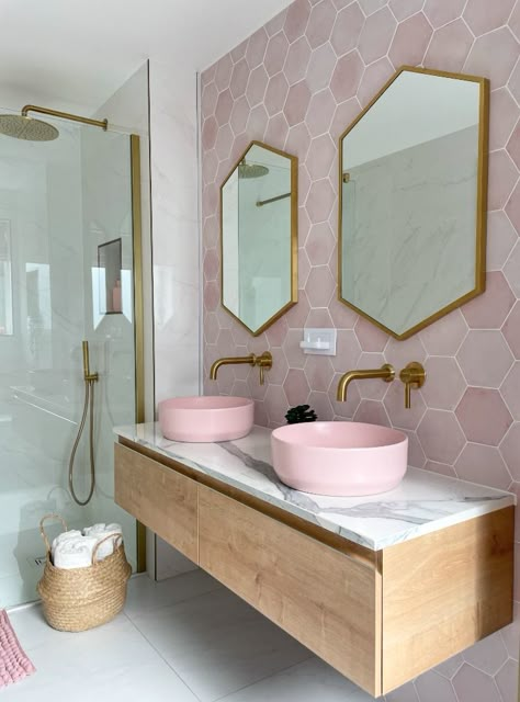 Teenage girl's pink bathroom with double pink basin vanity unit, pink hexagon tiles and complementing marble tiles with walk in shower and brushed gold brassware. Pink Tile Bathroom, Pink Bathroom Tiles, Girly Bathroom Ideas, Girly Bathroom, Pink Bathroom Decor, Girl Bathrooms, Pink Tiles, Double Vanity Bathroom