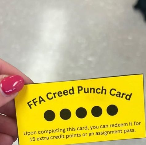 Ag Teacher Classrooms on Instagram: "@agwith_mrsjackson loves teaching the FFA Creed. She teaches one paragraph per week and implements this punch card. Each week there is a “Creed Day” - students get a punch for reciting that paragraph. After completing all their punches, they can receive extra credit. She normally wraps up the FFA Creed with “A Day in the Life of EM Tiffany” which is on TpT." Ffa Team Building Activities, Ffa Classroom Decorations, Ag Classroom Ideas, Ag Teacher Classroom Ideas, National Ffa Week, Ffa Classroom, Ffa Teacher, Ffa Fundraiser, Ffa Creed