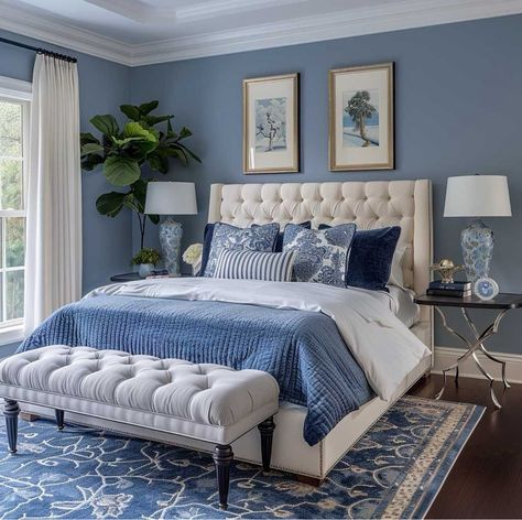 Blue And Off White Bedroom, Blue White Bedroom Decor, Blue Bedroom With White Furniture, Bedroom Colors Palette, Blue And White Room Ideas, Greece Inspired Bedroom, White And Blue Bedroom Ideas, Blue Master Bedrooms Decor, Bedroom Blue Walls