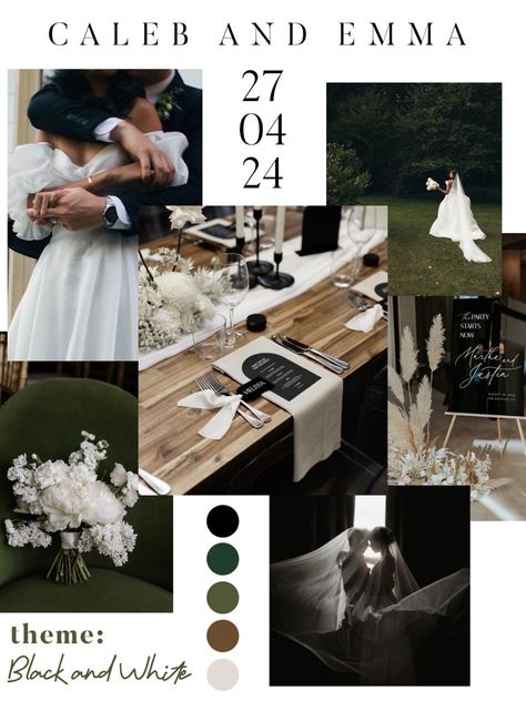 Elegant black and white classie wedding theme. Black and white colour pallet with a hint of green. Charcoal Grey Wedding Theme, Champagne Green Black Wedding, Black White Brown Green Wedding, Black Cream Gold Green Wedding, Black White And Ivory Wedding, Black White And Olive Green Wedding, Black Green And Wood Wedding, Summer Wedding Black And White, Forest Green Black And White Wedding