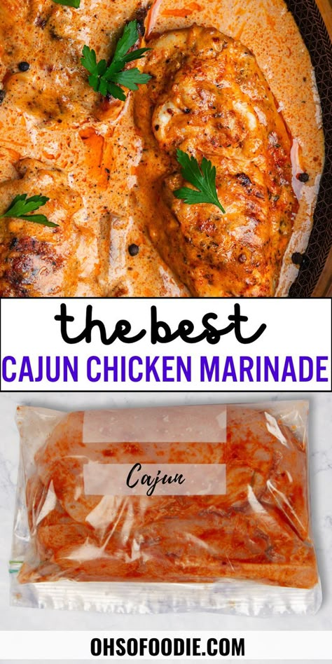 Text reads Cajun Chicken Marinade How To Marinade Chicken, Homemade Chicken Marinade For The Grill, Cajun Seasoned Chicken, Jalapeno Chicken Marinade, Quick Chicken Marinade Recipes, Chicken Mayo Marinade, Fast Marinade For Chicken, Cajun Marinated Chicken, Chicken Marinade Ideas