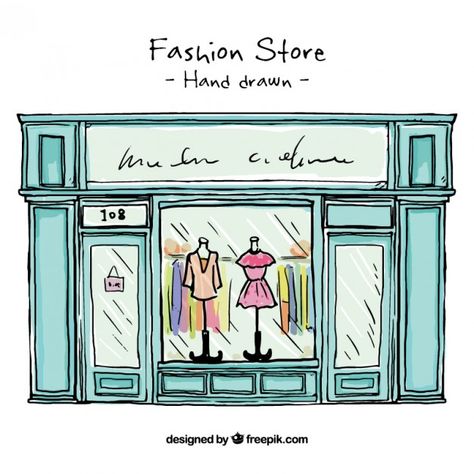 Hand drawn fashion store shop window  Free Vector Shop Window, Fashion Store, Hand Drawn, Dresses