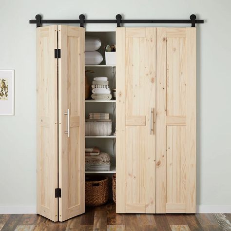 Wide Barn Door Closet, Modern Barn Doors Sliding Closet, Rollup Doors Interior, Articulating Barn Door, Options For Bifold Doors, Barnwood Bifold Closet Doors, Office Closet Doors, Barn Door Folding Doors, Unfinished Wood Doors Interior