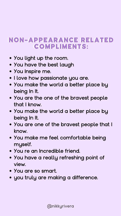 Here's a list of my favorite feel-good non appearance related compliments #compliments #feelgood #inspiringquotes #inspirational Non Physical Compliments Quotes, Sweet Compliment For Her, Complement For Best Friend, Compliments That Should Be Used More, Non Appearance Compliments, Compliments For Your Best Friend, Aesthetic Compliments For Her, Compliments For Strangers, Sweet Compliments For Friends