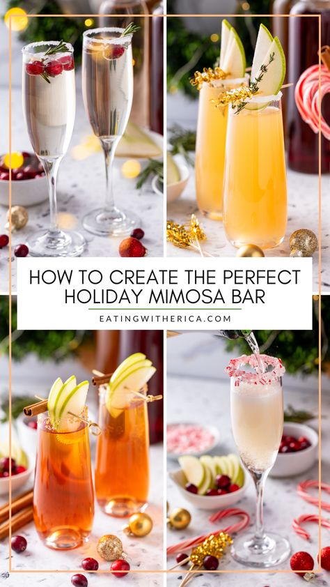 How to Setup a Holiday Mimosa Bar - Eating With Erica Mock Mimosa Bar Ideas, Mimosa And Coffee Bar, Mimosa Christmas Bar, Mimosa Christmas Drink, Faux Mimosa Bar, Fancy Mimosa Recipe, Mimosa Bar Ideas Christmas, Christmas Mimosas Brunch, Loaded Mimosa