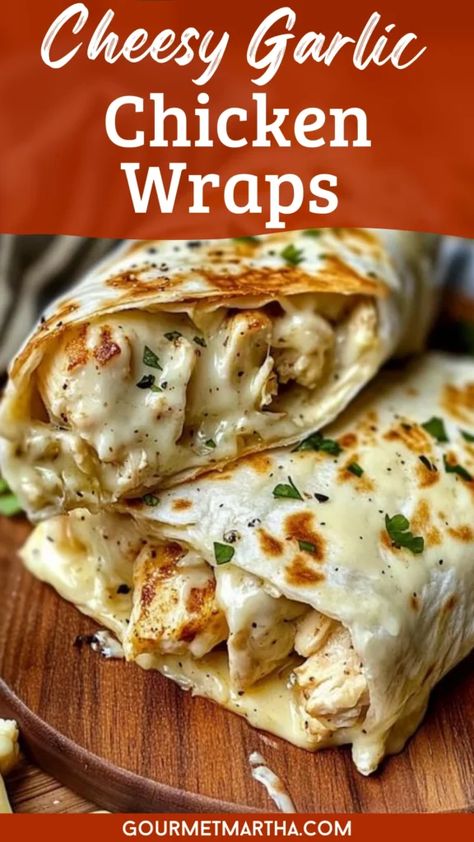 Craving a quick, cheesy delight? These Cheesy Garlic Chicken Wraps are the perfect combination of savory chicken, melted cheese, and garlic goodness. Easy to make and packed with flavor, they’re sure to become a household favorite. Surprise your taste buds – full recipe inside! #CheesyChickenWrap #GarlicChickenWrap #ChickenRecipes #EasyDinner #WrapRecipes #CheesyWraps #GarlicLovers #QuickMeals #EasyWraps #FamilyFavorite #DinnerIdeas #ChickenWraps #CheeseRecipes Cheesy Garlic Chicken, Dinner Food Ideas, Chicken Wrap Recipe, Soft Tortillas, Quick Delicious Dinner, Chicken Wrap Recipes, Savory Chicken, Cheap Dinners, Chicken Wraps