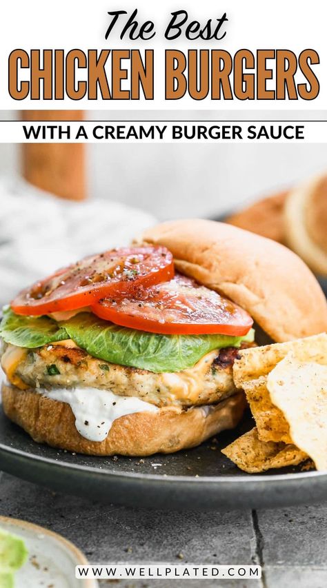 The perfect ground chicken burger recipe! These patties are tender, juicy, and full of flavor—and best of all, they're super easy to make. Best Chicken Burger Recipe, Chicken Burger Patty Recipe, Easy Chicken Burger Recipe, Chicken Burgers Healthy, Chicken Burger Patties, Chicken Patty Recipes, Burger Patty Recipe, Chicken Burger Recipe, Ground Chicken Burgers