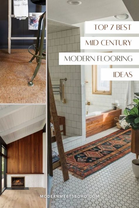 Here are the best ideas for mid century modern flooring - from carpet to tile to hardwood. Mid Century Modern Bathroom Floor, Mid Century Carpets, Mid Century Basement Ideas, Mid Century Modern Design Elements, Mid Century Modern Tile Floor, Mid Century Modern Kitchen Floor, Mcm Flooring, Mid Century Modern Tiles, Mid Century Modern Carpet