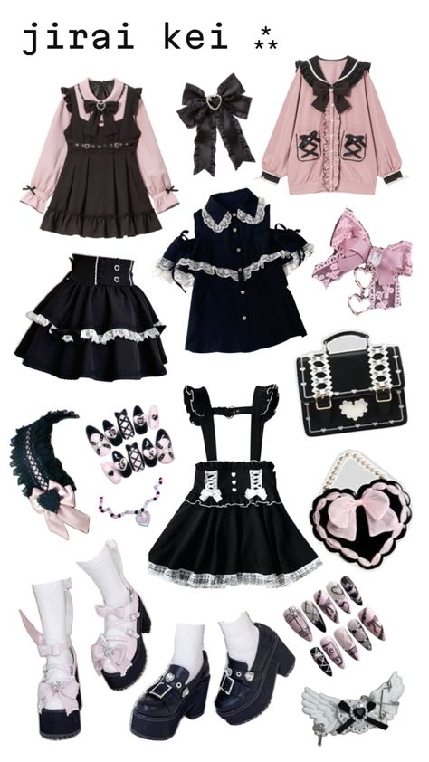 jirai kei outfit ,, (disclaimer, i am not extremely educated on these styles, i make these collages for fun!) Jira Kei, Jirai Kei Outfits, Jirai Kei Fashion, Kei Outfits, Girly Kei, Kei Fashion, Jirai Kei, Grunge Goth