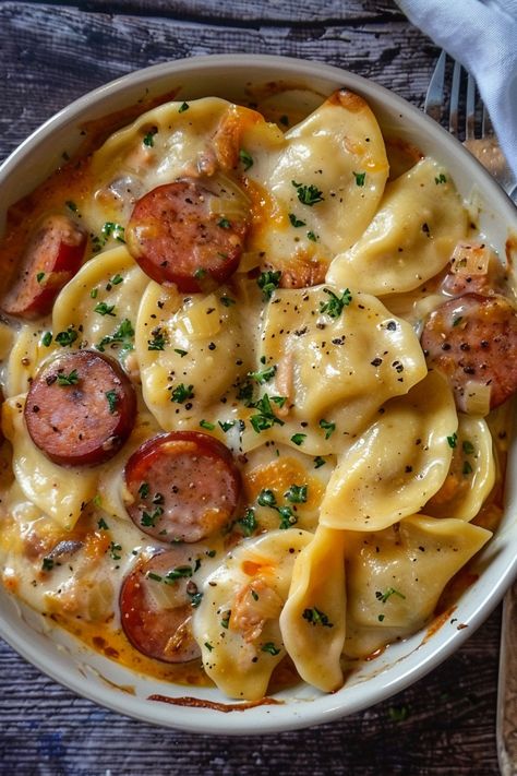 Crockpot Pierogi Casserole with Kielbasa - That Oven Feelin Crockpot Pierogi Casserole, Pierogi Casserole With Kielbasa, Crockpot Foods, Pierogi Casserole, Kielbasa Recipes, Recipes Crockpot, Kielbasa, Crockpot Recipes Slow Cooker, Food Blogs