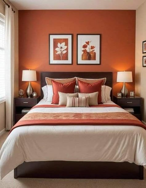 Orange Bedroom Walls, Girl Apartment Decor, Room Color Combination, Bedroom Color Combination, Fall Bedroom Decor, Bedroom Orange, Bedroom Deco, Relaxing Bedroom, Bedroom Renovation