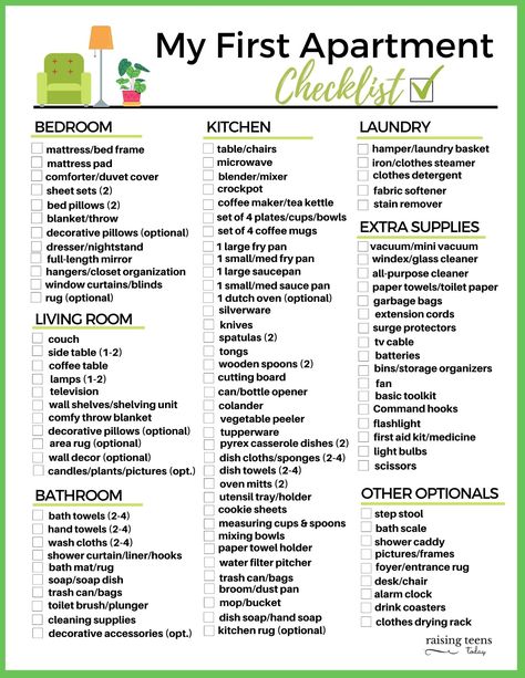 FREE PRINTABLE: My First Apartment Checklist. From furniture and kitchen necessities to cleaning supplies and all the extras, this handy list will make shopping for your first apartment (or house) a snap! #firstapartmentchecklist #firstapartment #firstapartmentchecklist #freeprintables Condo Essentials List, My First Place Checklist, Future House List, House Furniture Checklist, House Necessities List First Apartment, Apartment Move In Checklist First Time, New Apartment Checklist Kitchen, First Time Living On Your Own List, Apartment Registry Checklist