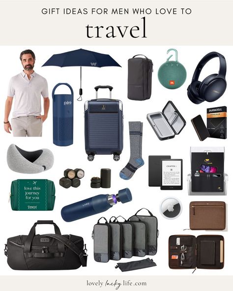 This list of 20 unique travel gifts has something for every type of traveler, from practical gadgets to stylish accessories. Whether he's a frequent flyer or a road trip enthusiast, these gifts will make his travels even more enjoyable. #travel #giftideas #giftguide #fathersday #giftsfordad #giftsforhim #travelhacks #musthaves #amazonfinds Work Travel Essentials Men, Gifts For Metrosexual Men, Travel Checklist Men, Amazon Gadgets For Men, Travel Gift Ideas For Him, Gifts For Travelers Men, Men Essentials Man Stuff, Men’s Gift Guide, Travel Essentials For Men