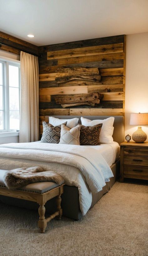 20 Gorgeous Bedroom Wall Decor Ideas You Need To See Bedroom With Wood Wall, Wainscoting Ideas Bedroom, Room Ideas Wood, Try Wallpaper, Creative Shelves, Brick Wall Bedroom, Wood Walls Bedroom, Statement Art Pieces, Bedroom Wall Decor Ideas