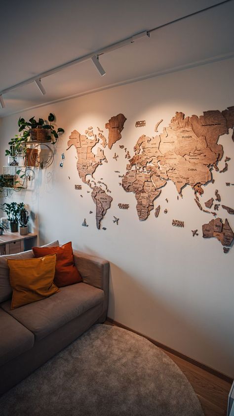 Travel World Map Wall Decor, Map Where You Have Been Travel, Bedroom Map Decor, Wooden World Map Wall Decor, Travel Map Wall Decor, Living Room Decor Travel Theme, Around The World Room Decor, Map On The Wall Ideas, World Map In Living Room