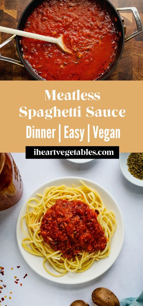 This delicious meatless spaghetti sauce uses mushrooms for a hearty texture that is completely vegetarian! This freezer-friendly sauce is delicious on your favorite pasta. #dinner #simple #wholesome Meatless Pasta Sauce, Meatless Spaghetti Sauce Recipe, Vegetable Spaghetti Sauce, Vegetarian Spaghetti Sauce, Meatless Spaghetti Sauce, Vegan Spaghetti Sauce, Dressing Recipes Salad, Meatless Spaghetti, Mushroom Spaghetti Sauce